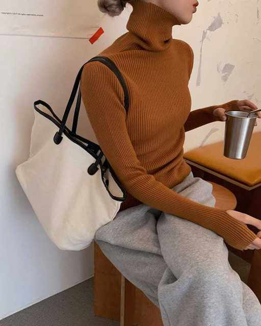 Dame haugevis av krage Turtleneck gensere Høst Vinter Slank Pullover Dame Basic Overdeler Uformell Myk strikket Genser Myk Varm Genser_voghion.com