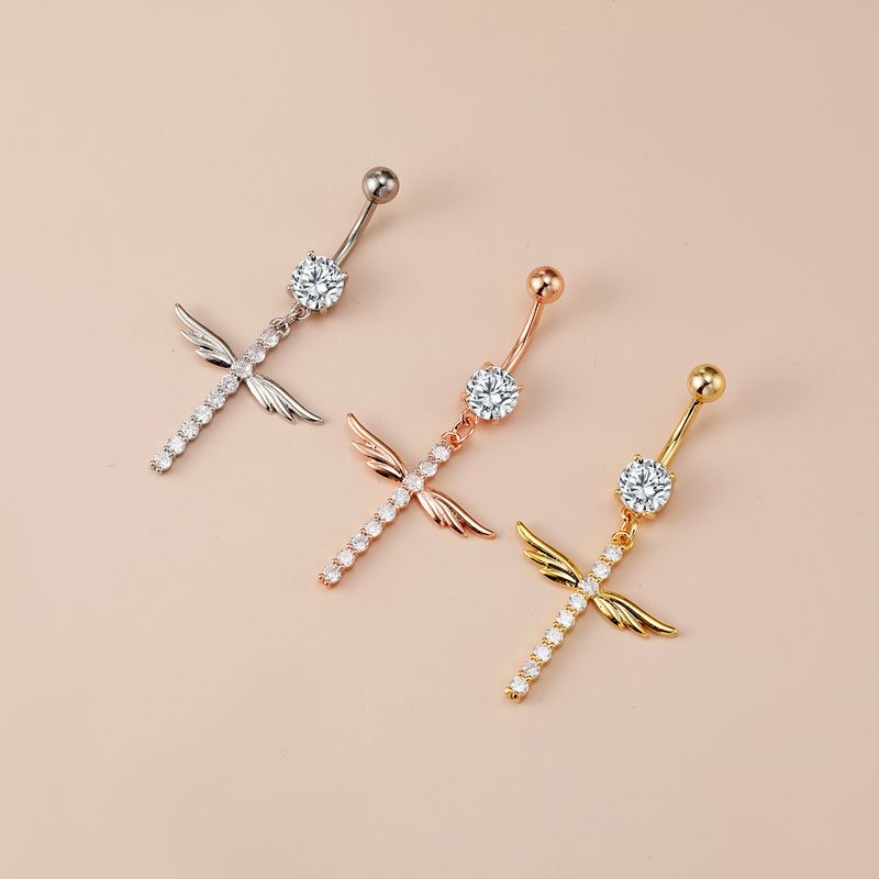 Piercing per ombelico a forma di croce e ali d'angelo - Gioiello per il corpo in stile punk con zirconi cubici, acciaio chirurgico 316L (14G/16G)_voghion.com