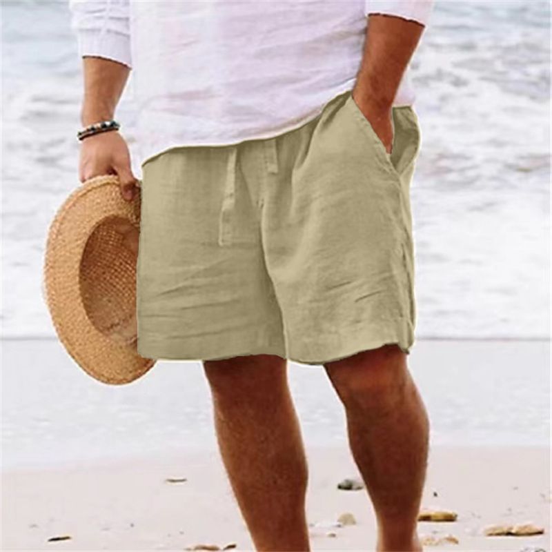 Pantalones cortos de algodón y lino para hombre, de verano, lisos, con cordón ajustable, cintura elástica y bolsillos, informales, para playa_voghion.com