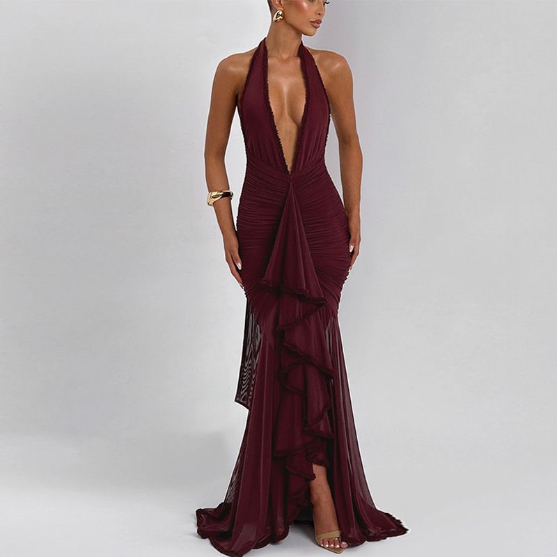 Elegante abito da sera con scollo a V e schiena scoperta – Abito a sirena aderente e in rete trasparente per donna (nero/rosso vino, S/M/L)_voghion.com
