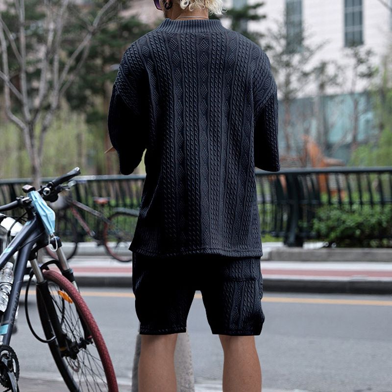 Moška oblačila za prosti čas, ohlapni tričetrtinski rokavi, žakard pleten pulover, zgornji del, kratke hlače, moška obleka_voghion.com