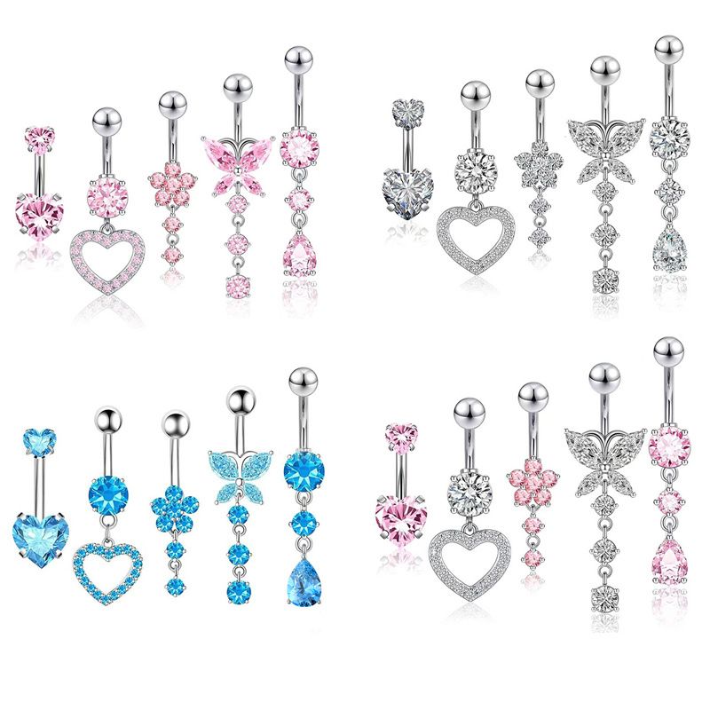 Set di gioielli da piercing all'ombelico in acciaio inossidabile da 5 pezzi in stile europeo e americano con zirconi a forma di cuore_voghion.com