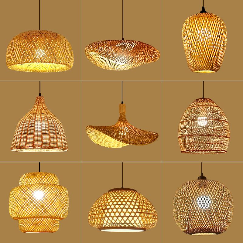 Bamboo Woven New Chinese Tea Room Zen Japanese Style Creative Personality Straw Hat Lamp Restaurant Pendant Light_voghion.com