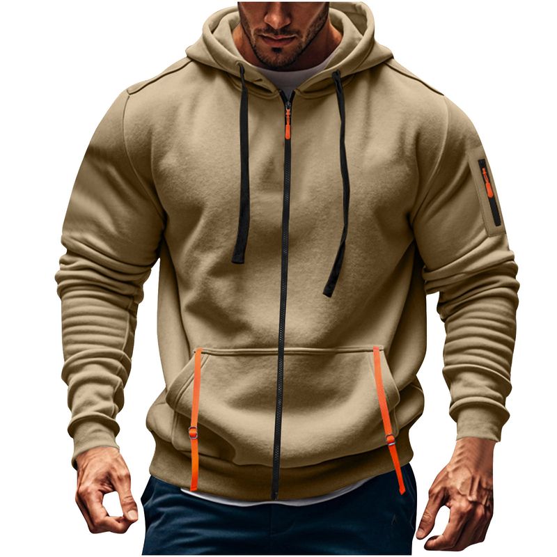 Herren-Kapuzenpullover mit Reißverschluss und mehreren Taschen, Fleece-gefütterter Winterpullover für Freizeit- und Sportbekleidung (Schwarz, Grau, Marineblau, Khaki)_voghion.com