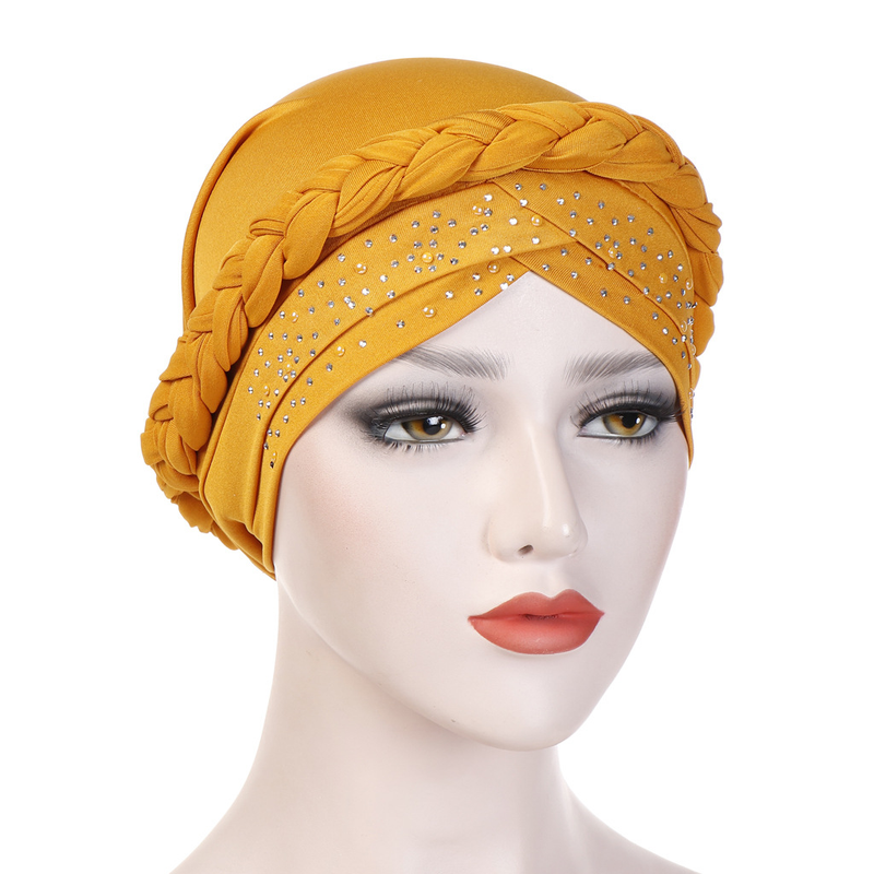 Damenhüte Außenhandel einfarbiger Single-Streifen-Hot-Diamant-Geflecht-Turban-Milchseide-Indianer-Turban-Hut_voghion.com
