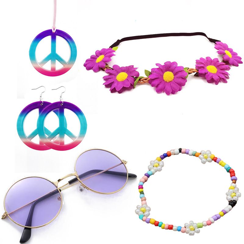 Hippie-Karnevalsbrille, Kopfbedeckungsset und Peace-Emblem-Ohrringe mit Halskette_voghion.com