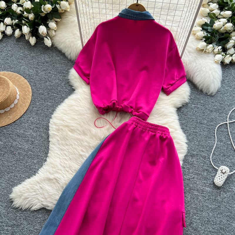 Roupas femininas Salty Light Mature Terno de duas peças para mulheres Verão Cordão na cintura Duas peças Top de manga curta Cintura alta Denim Patchwork Saia_voghion.com