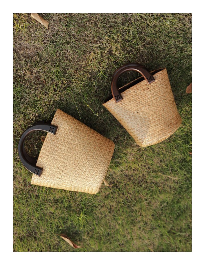 Plážová taška Vine Thai Grass, francouzská tkaná, kabelka, dřevěná rukojeť, velkokapacitní dámská taška_voghion.com