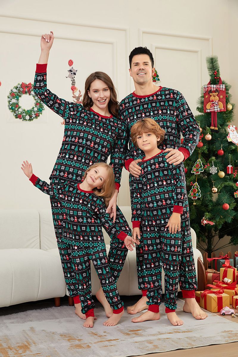 Christmas tree stripes full of flowers Christmas family clothing printed home clothes pajamas_voghion.com