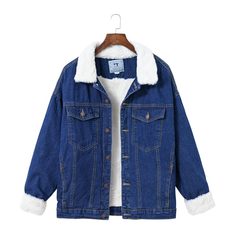 Giacca da donna in denim foderata in pile, calda e calda, con collo in pelliccia sintetica di coniglio, casual, blu, oversize, con spalle scese_voghion.com