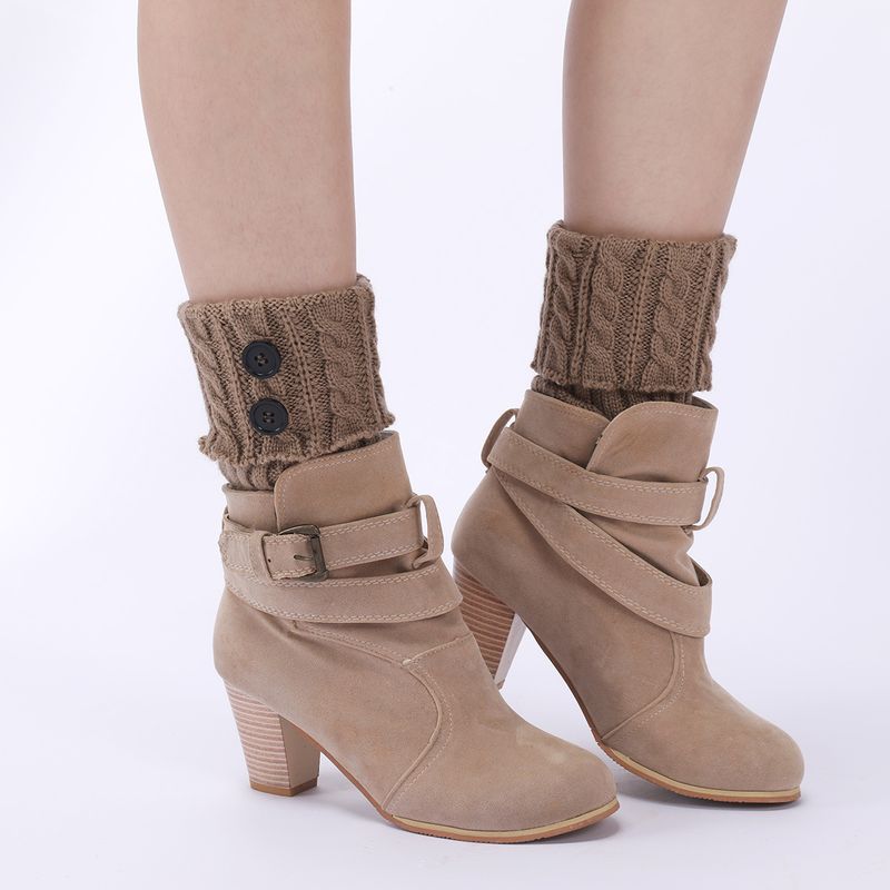 Bottes chaudes en laine neuve pour femmes, couvre-pieds, tricot d'automne et d'hiver, torsades de pâte frite, bouton, jambe courte, protège-genoux_voghion.com