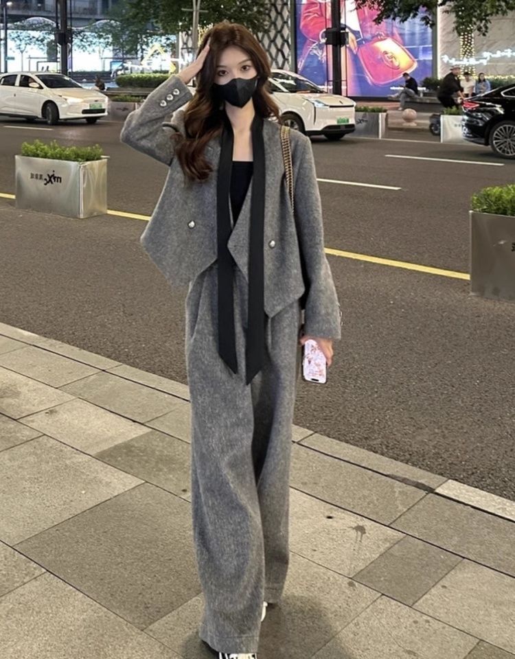 GraceChic Fashion Blazer in lana con nastro, pantaloni casual da donna, autunno inverno, nuovo set due pezzi, stile coreano_voghion.com