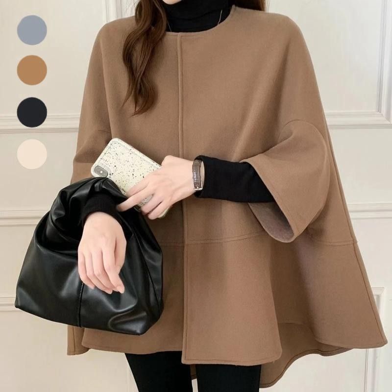 2025 Herbst Winter Neue Damen Cape Mantel Design Mittellange Strickjacke Plaid Wollmantel_voghion.com