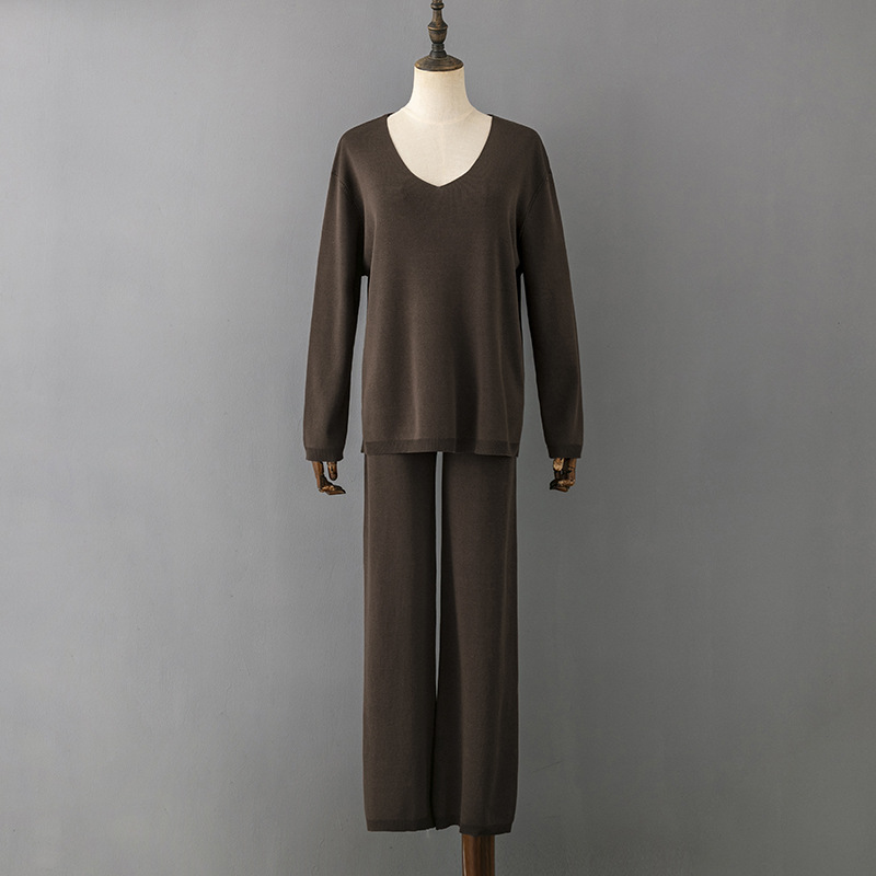 Set da donna in seta di ghiaccio tinta unita con scollo a V, set di due pezzi maglione casual sciolto a vita alta_voghion.com