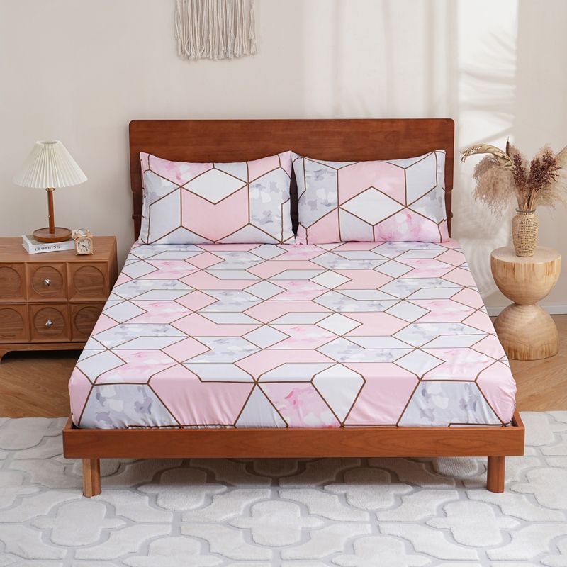 Elegante gonna da letto in poliestere con stampa 3D in marmo rosa e motivo floreale - Adatta per letti singoli, matrimoniali, queen size e king size_voghion.com