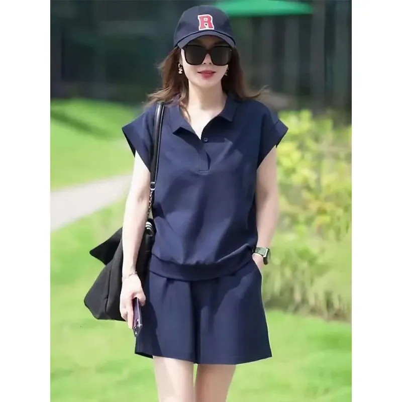 Ensemble de sport décontracté haut de gamme style européen pour femme, été, coupe ample, amincissante, short à manches courtes, deux pièces_voghion.com