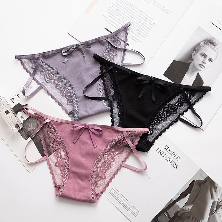 Roupa íntima Calcinha de renda de cor sólida Calcinha sexy Calcinha de renda de cintura baixa para mulheres_voghion.com
