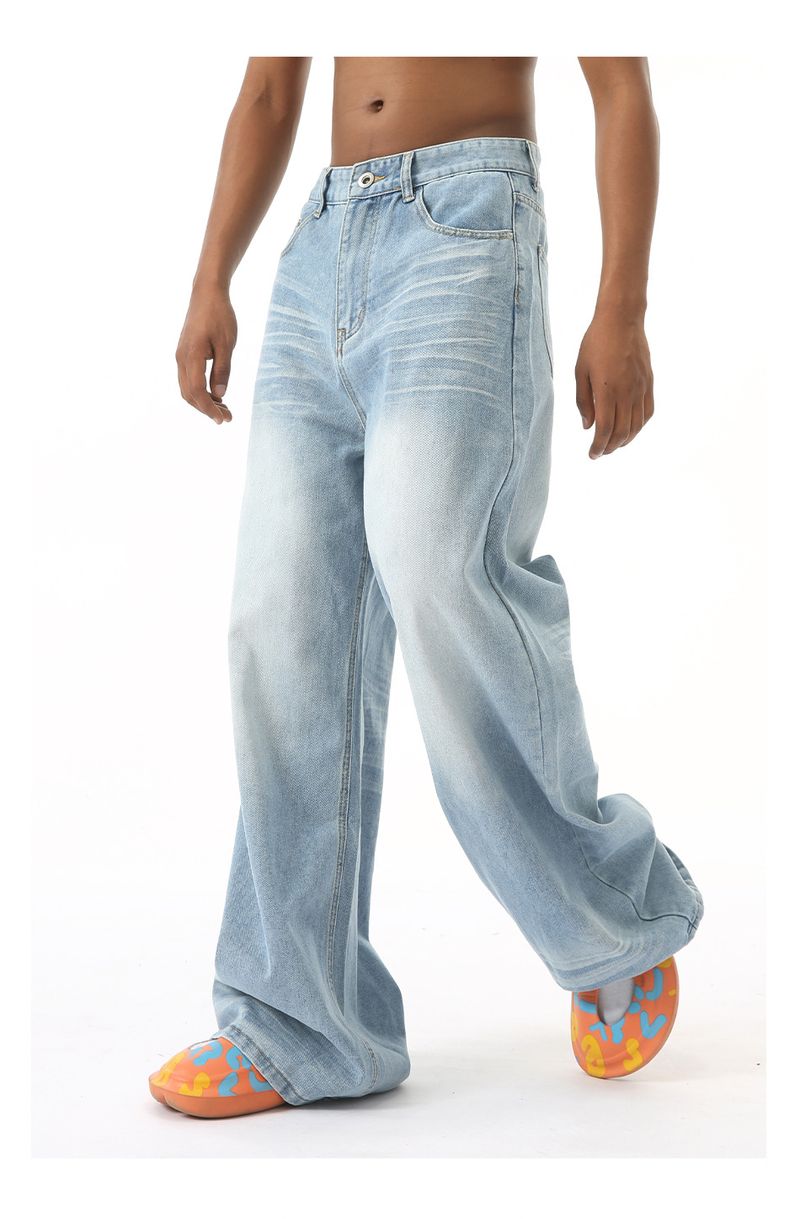 EF JEANS | 2024 Yeni Amerikan Yıkanmış Kırışık Tasarım Duygusu Düz Paspas Eski Açık Mavi Kot Pantolon_voghion.com