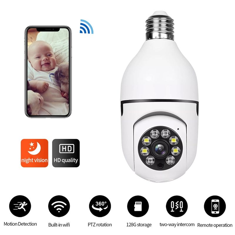 Caméra WiFi A6 2MP HD avec ampoule prenant en charge la détection de mouvement/audio bidirectionnel/vision nocturne/carte TF_voghion.com