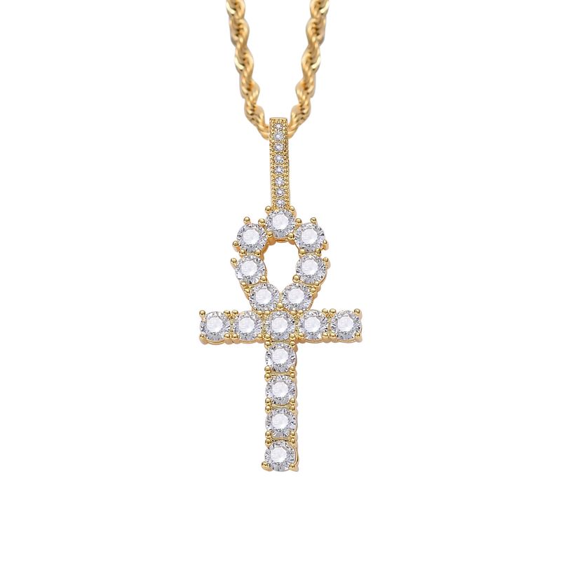 Collana da uomo con ciondolo a forma di croce egizia Ankh con micro pavé di zirconi e catena cubana da 4 mm in stile hip-hop_voghion.com