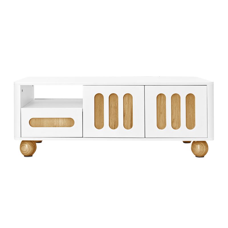 Divano moderno 105x50x40 cm in bianco con legno, 4 ripiani, 2 lampade, illuminazione a LED_voghion.com