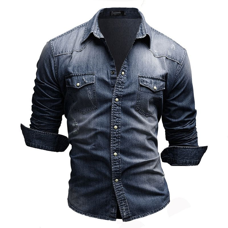 Herrenbekleidung Einfaches langärmeliges Jeanshemd für Herren in Übergröße_voghion.com