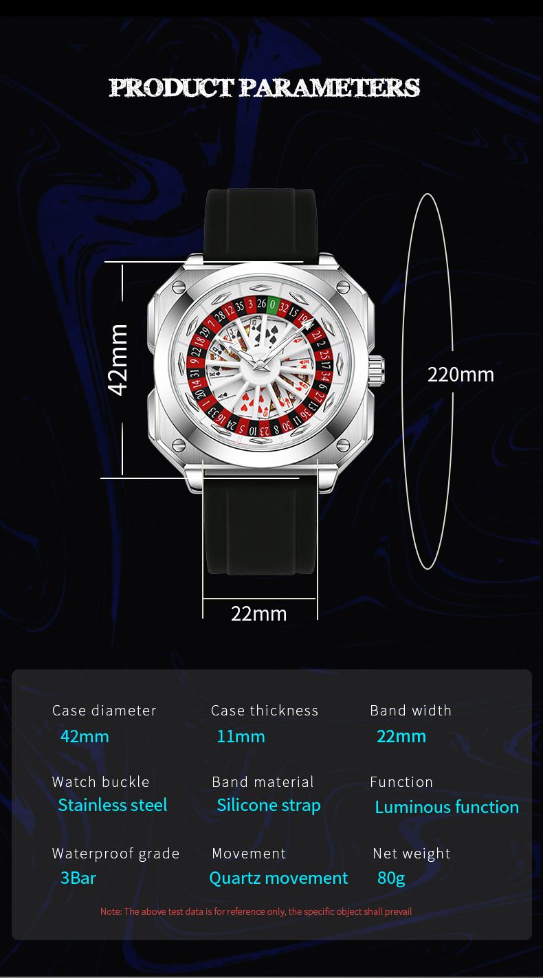 Men's Stylish Poker-Themed Quartz Watch With Rotating Dial, Waterproof & Luminous, 42mm Case, Silicone Strap Waterproof Luminous_voghion.com