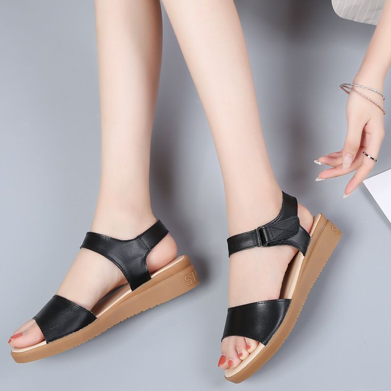 Summer Cowhide Wedge Women's Korean Fashion Velcro Beach Sandals, One-piece Mid Heeled Mom Sandals_voghion.com