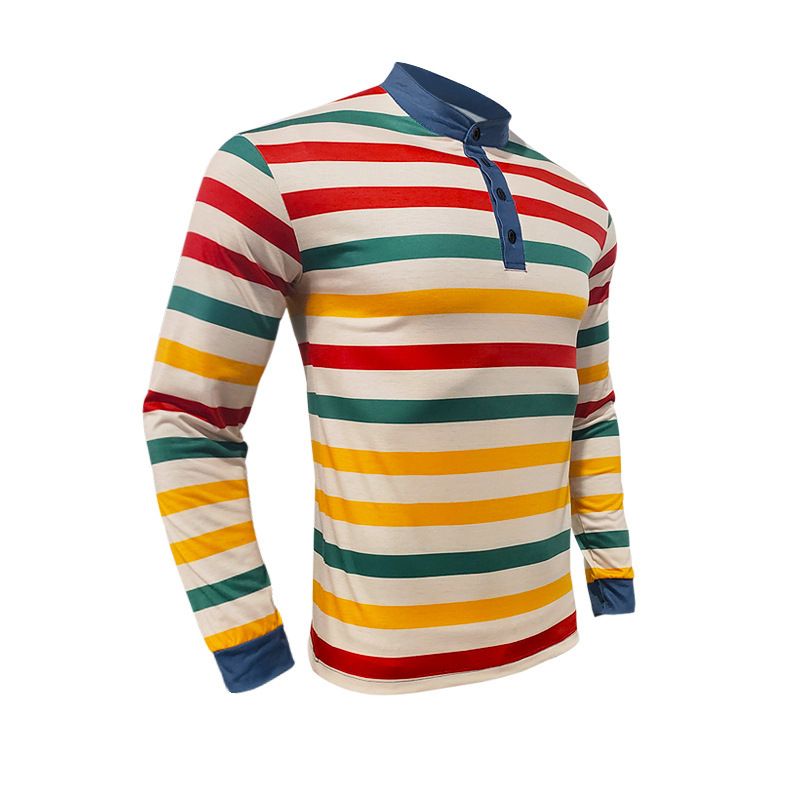 Polo da uomo autunno inverno 2024, a righe colorate, casual, girocollo, ampia, manica lunga, maglietta di base_voghion.com