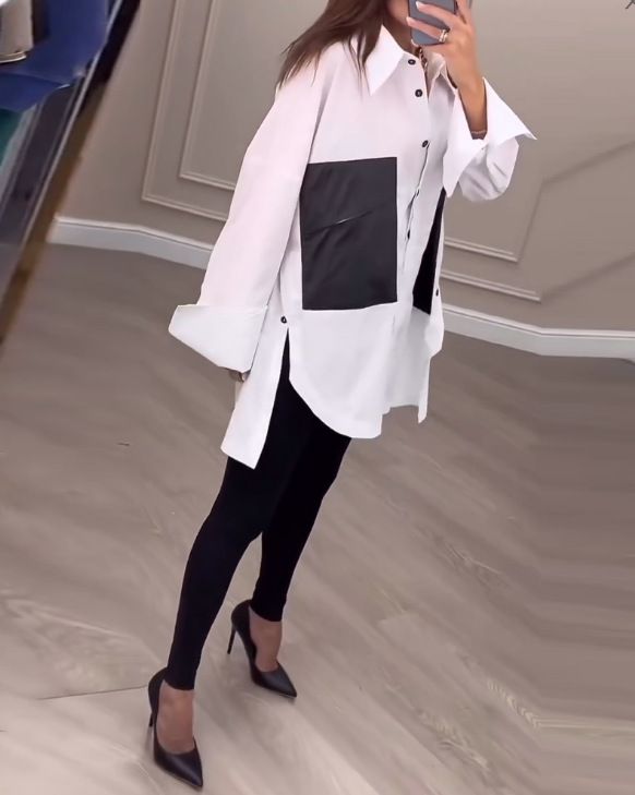 Women's Clothing Autumn New Lapel Button Loose Color Matching Tops for Women_voghion.com
