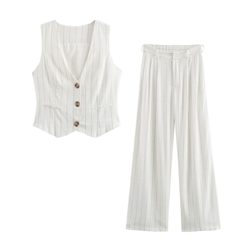 Conjunto de blazer, chaleco y pantalón de lino y algodón para mujer, moda de verano 2024_voghion.com