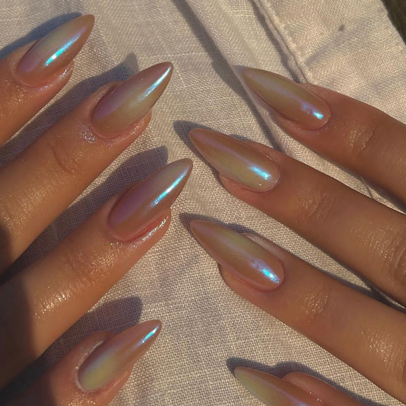 24 unghie finte con sfumatura glitter blu con design a testa di mandorla stampa artificiale sulle unghie con colla indossabile F_voghion.com