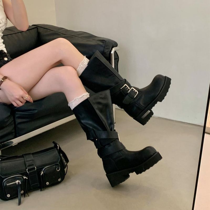 Women Boxing Boots 2025 Autumn Winter New Dark Style Belt Buckle Motorcycle Boxing Thick Sole Mid-Calf Riding Boots For Women_voghion.com