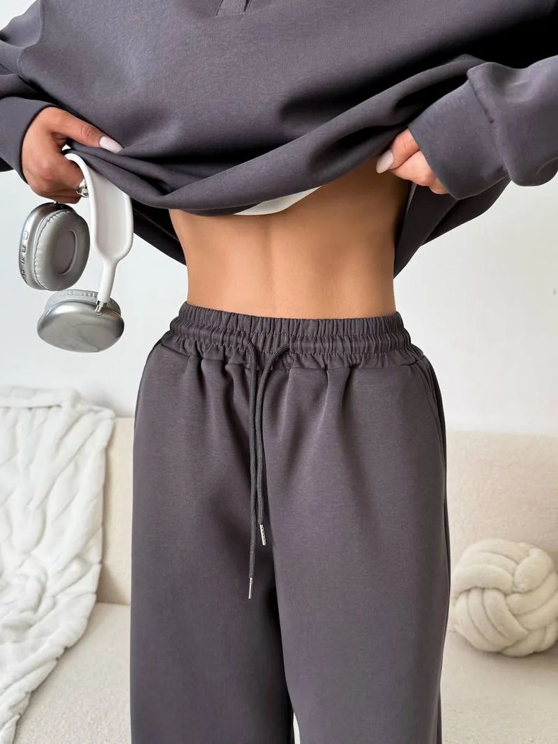 Set sportivi casual da donna, tinta unita, maniche lunghe, pullover con revers abbottonato, felpa, pantaloni con lacci, completo due pezzi_voghion.com