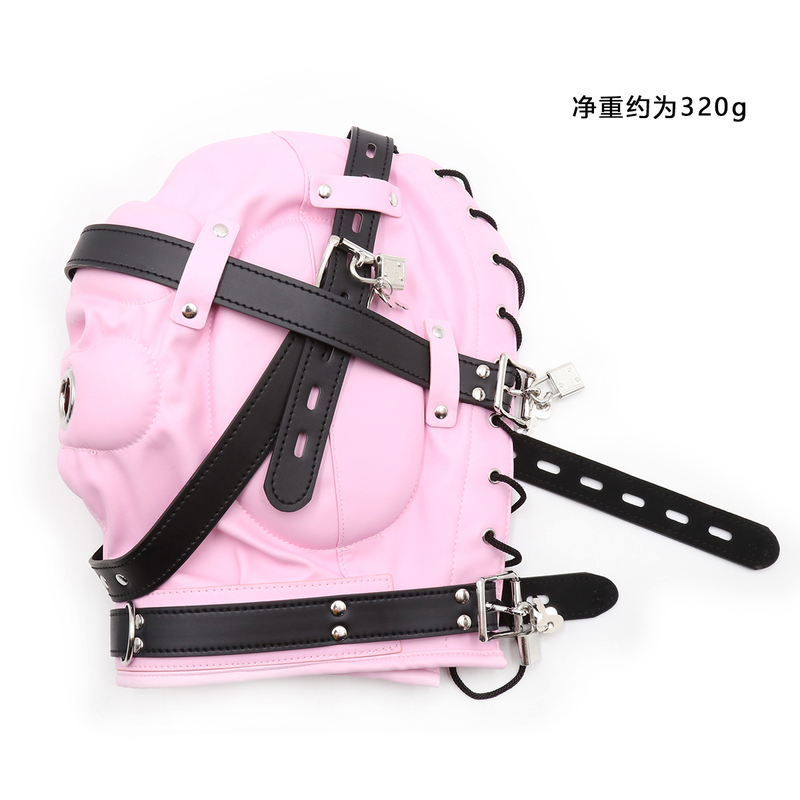 Cappuccio imbottito in pelle PU/vernice, benda, imbracatura per la testa bloccabile, maschera, bocca aperta, deprivazione sensoriale, BDSM Bon_voghion.com