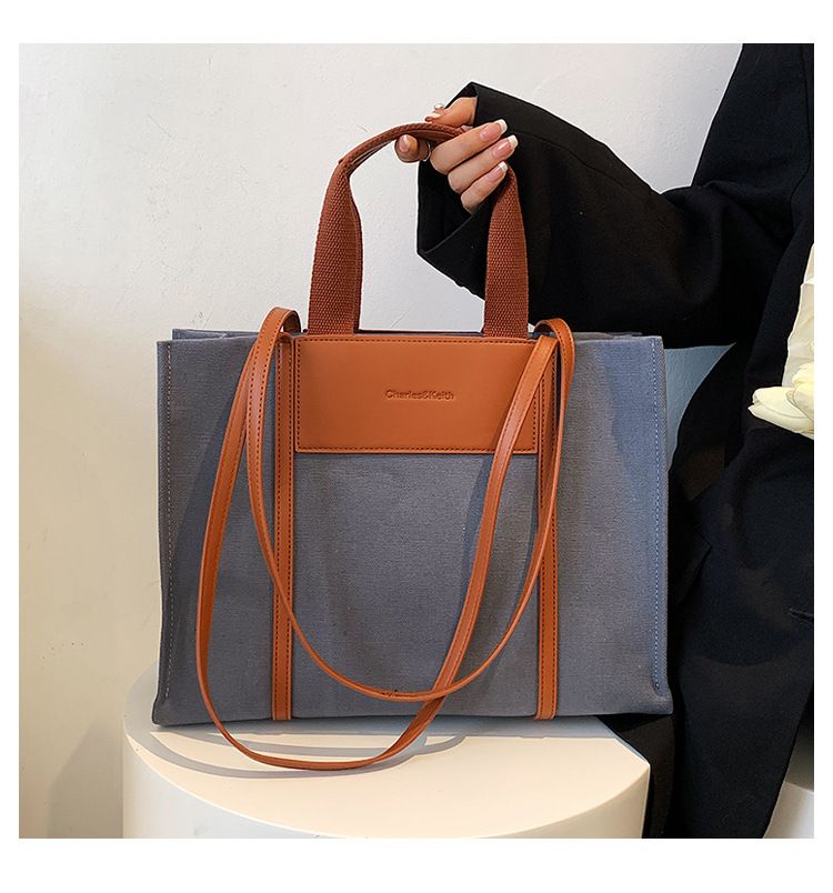Borse tote da donna, semplici borse tote da donna con colori di tela a contrasto e tracolla singola di grande capacità._voghion.com