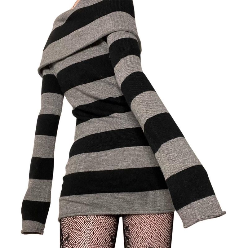 Y2K New Striped Turn-Down Collar Off-Shoulder Slim Fit Long Knitted Sweater Dress 905_voghion.com