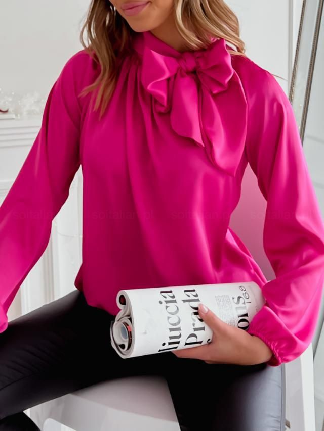 Camicia da donna in tinta unita a maniche lunghe con fiocco_voghion.com