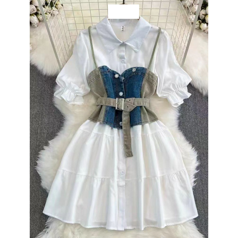 Damenbekleidung Farbkontrast-Jeansweste Zweiteiliges Langarm-Revers-Einreihiges A-Linien-Hemdkleid in Weiß für Damen_voghion.com