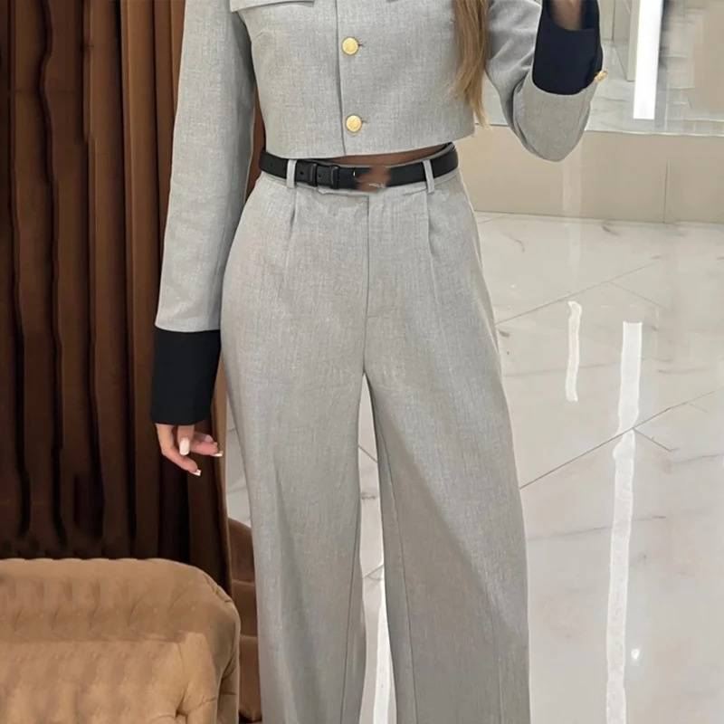 Women's Clothing fashion contrasting color small fragrance style elegant wide-leg trousers suit_voghion.com