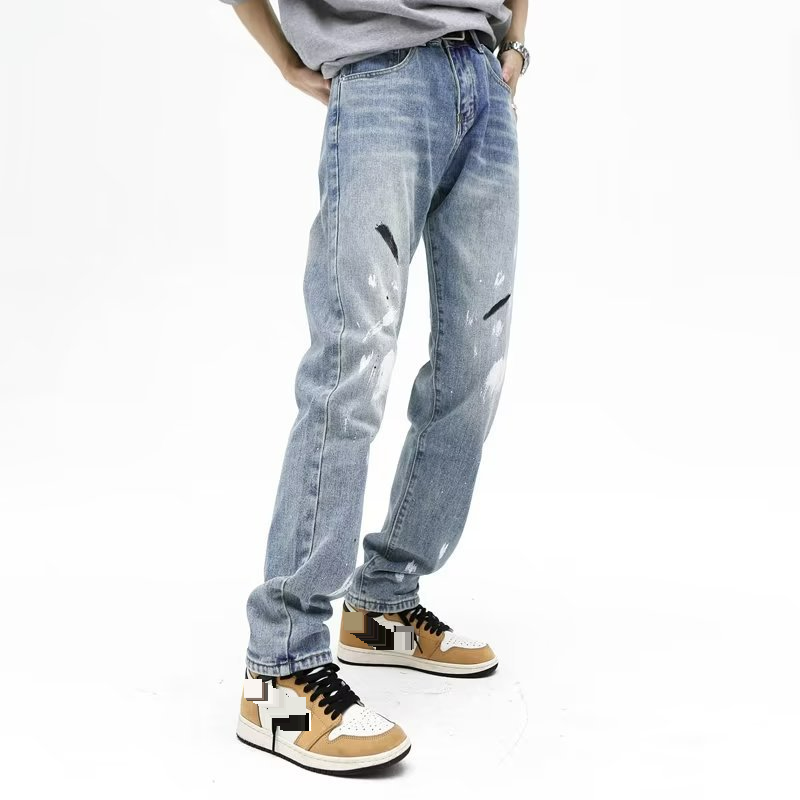 High Street Trendy Brand Splashed Ink Micro Flared Jeans Men's American Retro Vibe Style Loose Straight Casual Mopping Trousers_voghion.com