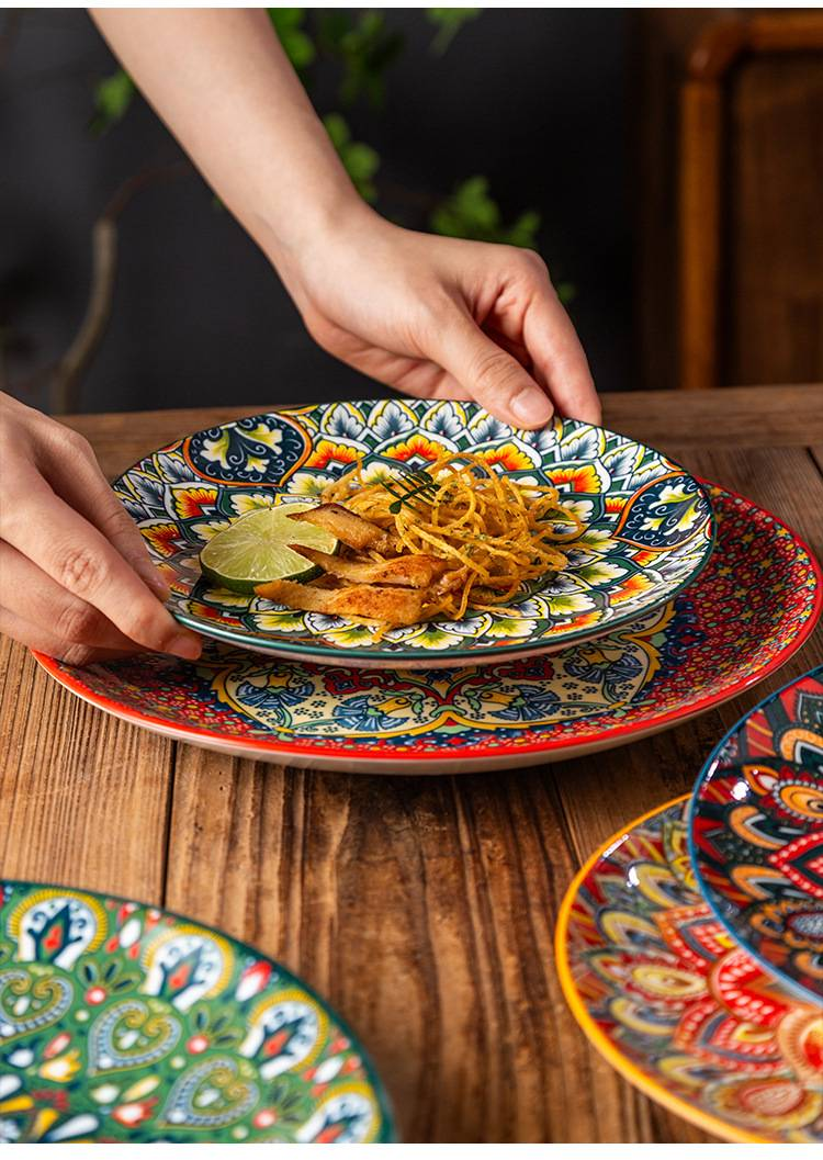 Bohemian Ceramic Dinner Plate Set - Elegant 10.5" Floral Plates For Steak/Pasta/Salad_voghion.com