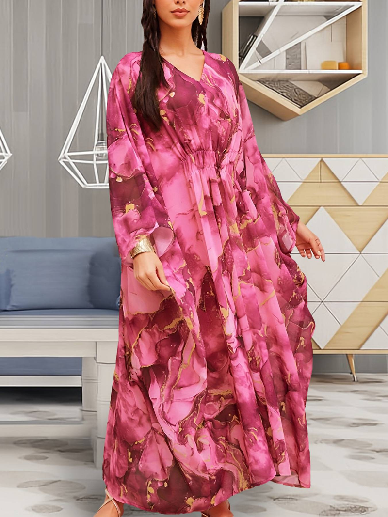 Elegante abito lungo musulmano con scollo a V e stampa floreale per donna - Abito lungo ampio e modesto con maniche a pipistrello (rosso rosa)_voghion.com