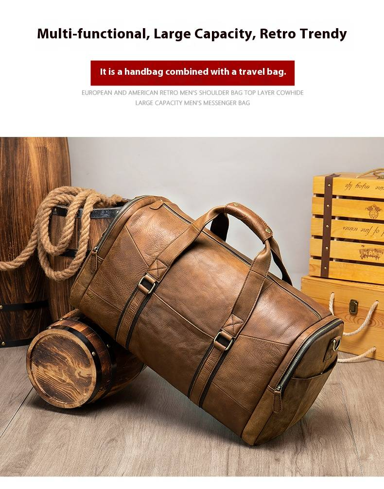 Men's Vintage Leather Travel Duffle Bag - Large Capacity 20-35L, Durable Genuine Leather, Classic Brown & Black For Gym, Outdoor & Business Trips_voghion.com