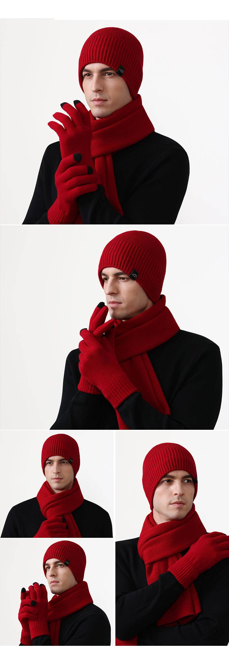 Cappelli da uomo in velluto, spesso, caldi e antivento, abito da tre pezzi con ampia circonferenza della testa, cappello lavorato a maglia, sciarpa lunga e guanti touch screen_voghion.com