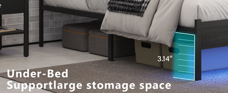Bed Frame With Charging Station And LED Lights, Black Upholstered Headboard With 2-Tier Storage Shelves, Metal Bed Frame With Headboard_voghion.com
