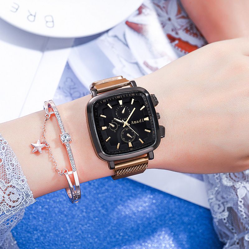 Orologio da donna Orologio quadrato Orologio a tre occhi Lega a maglie con moda Orologio casual Orologio da donna alla moda per studenti_voghion.com