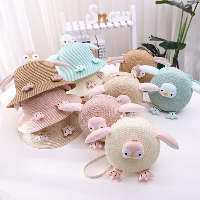 Borsa carina per bambini a forma di pinguino, turismo da spiaggia in paglia intrecciata, shopping, cappello parasole, cappello da vasca con cartoni animati_voghion.com