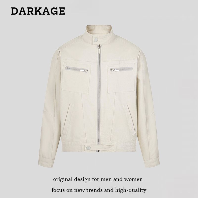 Washed Canvas Harrington Men's Trendy Brand Autumn American Style Short Stand Collar Loose Cool Workwear Jacket_voghion.com