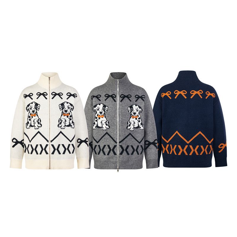 Trendy gefleckter Hund Jacquard Stehkragen Reißverschluss Strickjacke Pullover Männer Frauen im Herbst und Winter, lockere Freizeitjacke_voghion.com